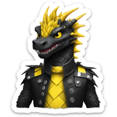 Black dragon dressed in punk clothes with chequer black and white markings and yellow caution tape  sticker