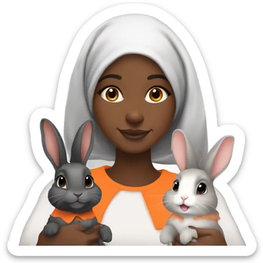 Black Muslim girl and her 3 cute orange, gray, and mix colored holland lop bunnies sticker