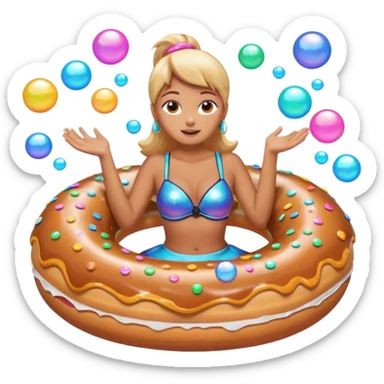 A woman riding a donut float, with bubbles popping all around her sticker
