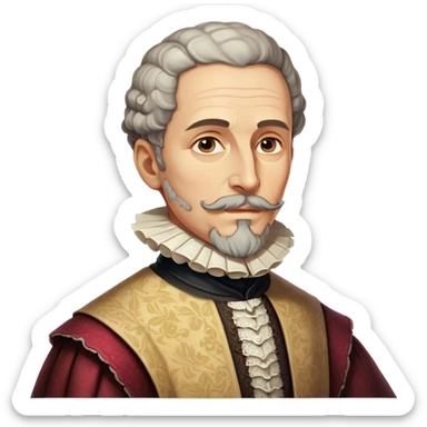 Cinematic Realistic Miguel de Cervantes Portrait Emoji, depicted as a wise thoughtful literary figure in period attire with a reflective gaze, rendered with detailed textures and soft historical lighting that captures his enduring literary legacy. sticker