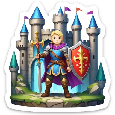 An icon symbolizing a RPG game, featuring a character holding a sword and shield, standing in front of a fantasy world with castles, dungeons and mythical creatures. The design emphasizes exploration, quests with elements like health bars and inventory icons. Transparent background sticker