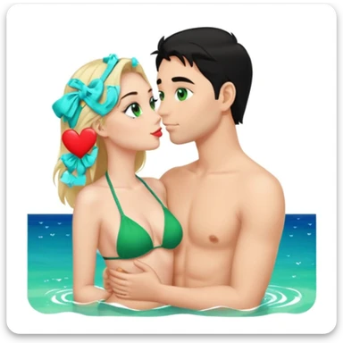 Blonde girl Green eyes Green Bikini whole body Kissing man black Hair blue eyes Hearts in Body Background sea sticker