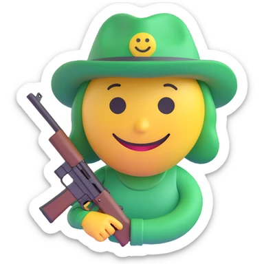 3D smiley emoji, round shape, hunter wearing a green hat, holding a rifle, smiling face, transparent background sticker
