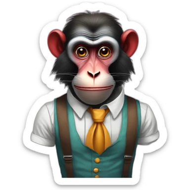 Funny Portrait of a Mandrill with a human look wears a shirt and Suspenders in the shirt papillon like a clown sticker