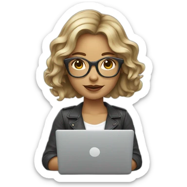 dark blonde girl with bob wavy hair in glasses silver color glasses holding laptop sticker
