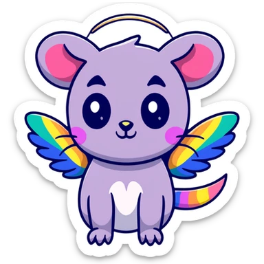 colorful possum with rainbow wings, sparkly halo, lots of glitter sticker