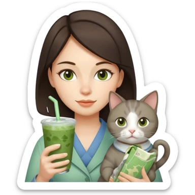 a brunette woman in here 30S drinking an iced matcha, carrying a grey cat and a map of the world sticker