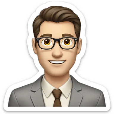 Pale skinned fit man with dark brown hair in gray jacket, beige office shirt, brown tie, brown pants and vintage glasses Writing text on a marker board sticker