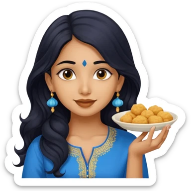a pretty tan indian bratz girl with wavy long BLACK hair. eyeliner on, wearing a blue kurti, eating golgappa. NO SPOON sticker