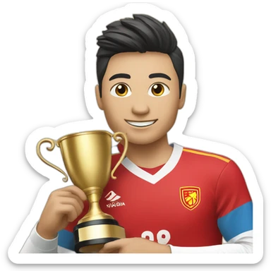 Soccer's player from kyrgyzstan holds the world championship cup sticker