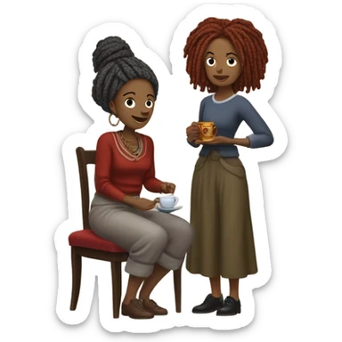 woman with gray locs, wearing pants , other woman is brown with red locs, in a knee-length dress with a cozy sweater, looking at antique items, such as a vintage lamp or an old teacup, with a table full of trinkets in the background sticker