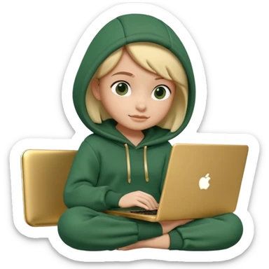 3D clay render character sitting with laptop, rounded cute design, deep green (#0B3D2C) hoodie, cream laptop, gold accents, Pixar style, transparent background sticker