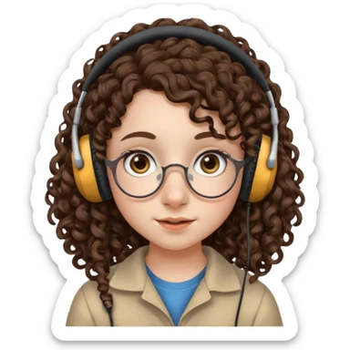 brunette kid with unique face features and very curly long hair kid girl neutral and very big nose and ears and dark eyes with freckles kind of nerd looking and headphone wearing no glassess just nose piercing very big one sticker