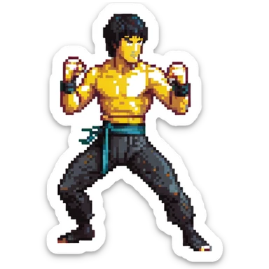 Bruce Lee in iconic fighting pose, martial arts legend sticker