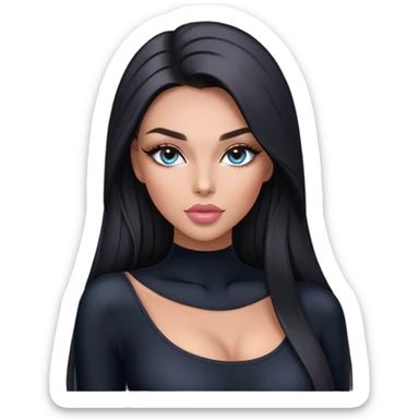 Glamours, tanned, very beautiful girl, with big pump peach-beige-rose lips, long long lashes, black straight smooth silky long hair, straight parting hair, blue-grey eyes in black long-sleeves bodysuit sticker