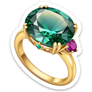 Create a bright and eye-catching emoji symbolizing jewelry craftsmanship and the art of making jewelry. Include a sparkling gemstone, a delicate ring, and tools like a hammer or chisel. The design should be elegant, with fine details and a luxurious feel, representing the precision and artistry of jewelry making. Use vivid colors like gold, silver, and deep jewel tones for the gemstone. Ensure the icon has a transparent background. sticker