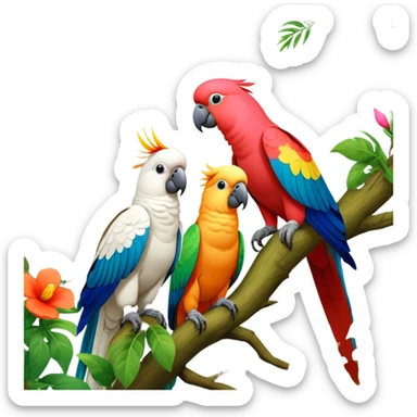 Close-up collage of vibrant Ara parrots and Inca cockatoos sitting on tree branches, surrounded by lush greenery. Bright colors of the birds stand out against a natural, sunny background of trees and flowers. Transparent background. sticker