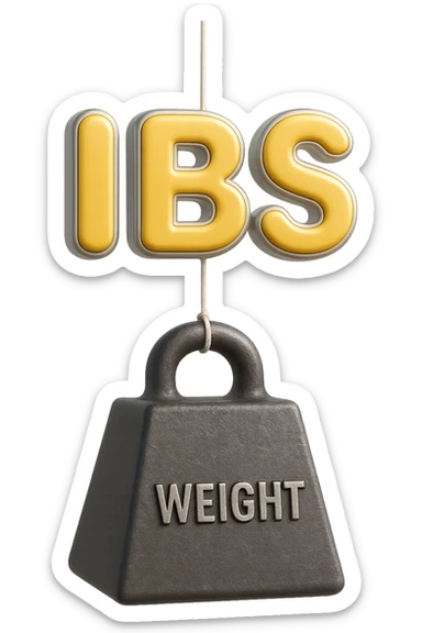 emoji stile iphone della parola "IBS" sospesa in aria con zavorra attaccata sotto che la fa cadere per il peso, iperrealistico 4k sticker