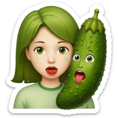 A girl with a huge pickle in side her mouth  sticker