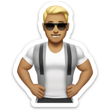 strong asian personal trainer short golden hair with sunglasses white vest sticker