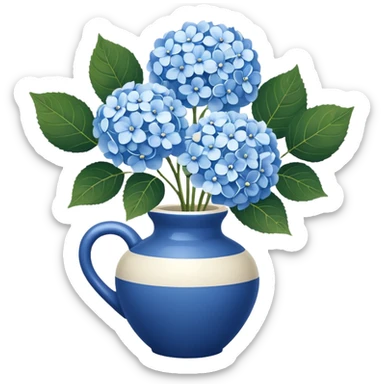 Blue and white floral vase with one handle, with white hydrangeas stem and blue hydrangeas stems sticker