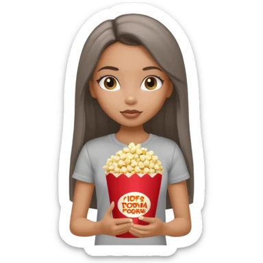 a pretty bratz dusky girl with long straight hair with popcorn nd wearing a grey tshirt sticker