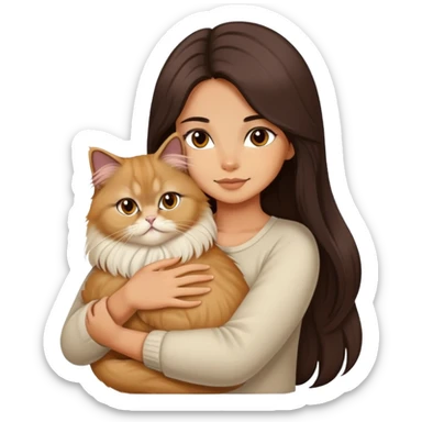 A pretty girl with long dark hair is hugging her light hair persian cat. sticker