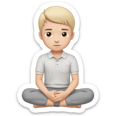Cartoon boy sitting cross-legged, his fist pressed to his cheek, wearing a white polo and gray pants. He has a smug smirk, eyes looking forward. Clean lines, flat colors, solid black background, vector art, character sheet style. sticker