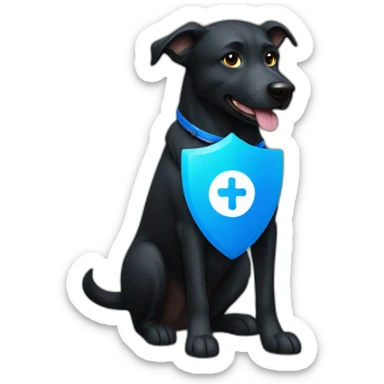 Black Dog holding a blue shield with a check mark on it sticker