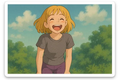 A girl yellow hair brown eyes grey Women's just t's short triblend t-shirt purple trousers laughing sticker