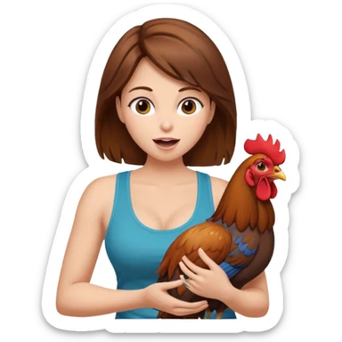 Brown hair very large boob Woman open mouth tank top holding one rooster sticker