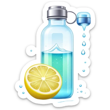 Ethereal glowing water bottle with floating lemon slice and sparkling creatine powder, surrounded by magical aura sticker