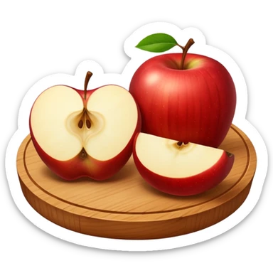 A round wooden board with a whole apple and several slices on it, with a soft glow sticker