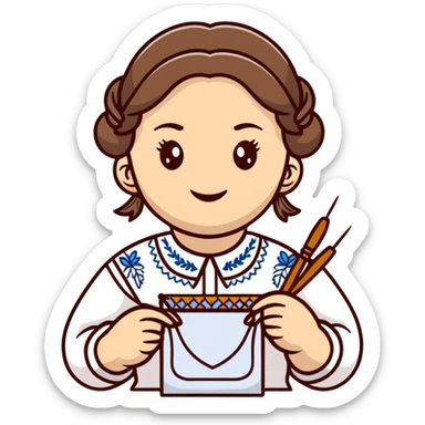 Ukrainian young girl wearing a white traditional embroidered shirt (vyshyvanka) smiling and holding sewing tools sticker