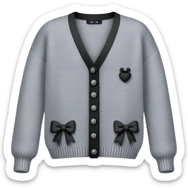 gray cardigan with tiny black bows all over front and sleeves, realistic 3d isolated sticker