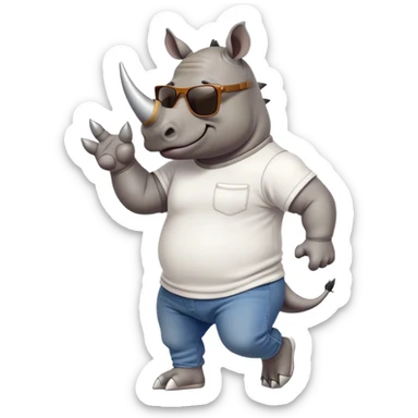 friendly anthropomorphised rhino in jeans and t-shirt, wearing dark sunglasses, jogging upright, relaxed pose sticker