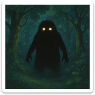 mysterious shadowy monster with glowing eyes in a magical forest background in ghibli style sticker