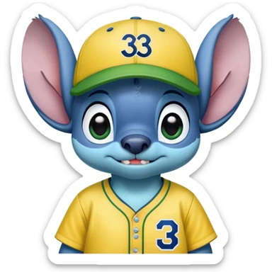 Stitch with a yellow and green baseball jersey with 33 royal greys and a cap sticker