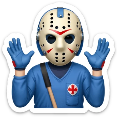 a cartoon image of Jason Voorhees, looking cute, with his hands together in front of him sticker
