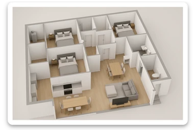 Create a hyperrealistic 3D floor plan based on the provided blueprint. Include furniture and divisions as indicated: kitchen, dining table, living area with sofa and TV, service bathroom, and a 2.55-meter glass window in the marked position. Style it as a professional architect's project render. Show 10 different perspective views of the 3D floor plan. No external background, only the 3D floor plan itself. sticker