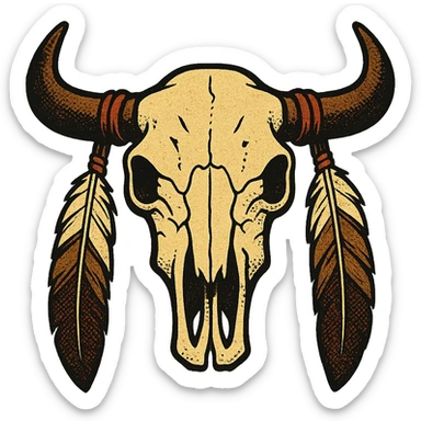 A native American buffalo skull with feathers hanging from both horns. Make the skull symmetrical facing the front sticker