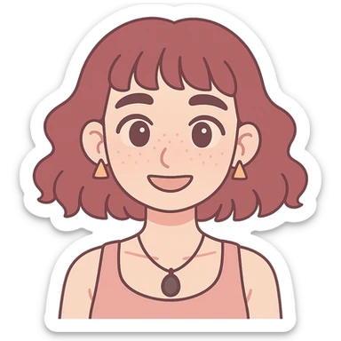 white woman with freckles, teardrop nose piercing, wavy wine hair to shoulders, short bangs, triangular earrings, black stone necklace, tank top, thick eyebrows, large brown eyes, anime style, sensual sticker