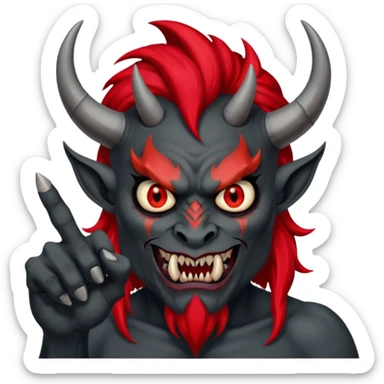 демон с чёрной как уголь кожей, красными клыками, двумя красными рогами торчащими у него изо лба, красной гривой и глазами показывает пальцем в нас sticker