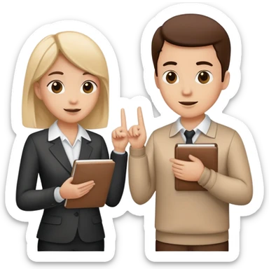 Two team members facing each other, one holding a notepad and the other gesturing, in a collaborative pose sticker