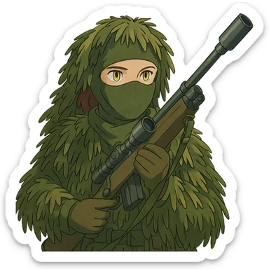 1 female, gold yellow eyes, face covered green balaclava, full military ghillie sniper camouflage, rifle up sticker