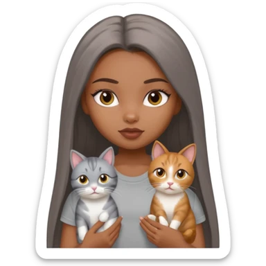 a pretty bratz dusky girl with long straight hair with 2 cats nd wearing a grey tshirt sticker