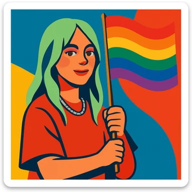 Billie Eilish holding a pride flag, modern illustration, no text sticker