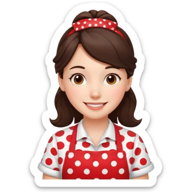 A brunette housewife girl in a red apron with white polka dots. Smiling  sticker