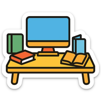 Computer on a desk with scattered books and notebooks sticker