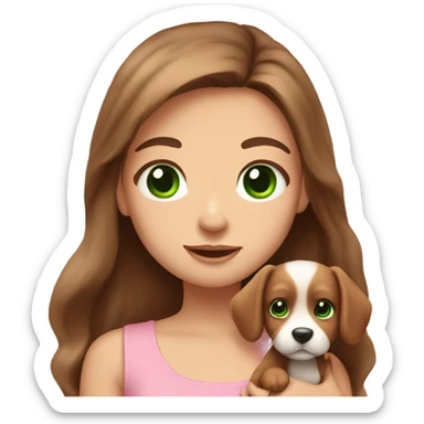 Pretty girl with long brown hair with green eyes holding a very cute puppy show her whole upper body and let her wear a cute pink top sticker